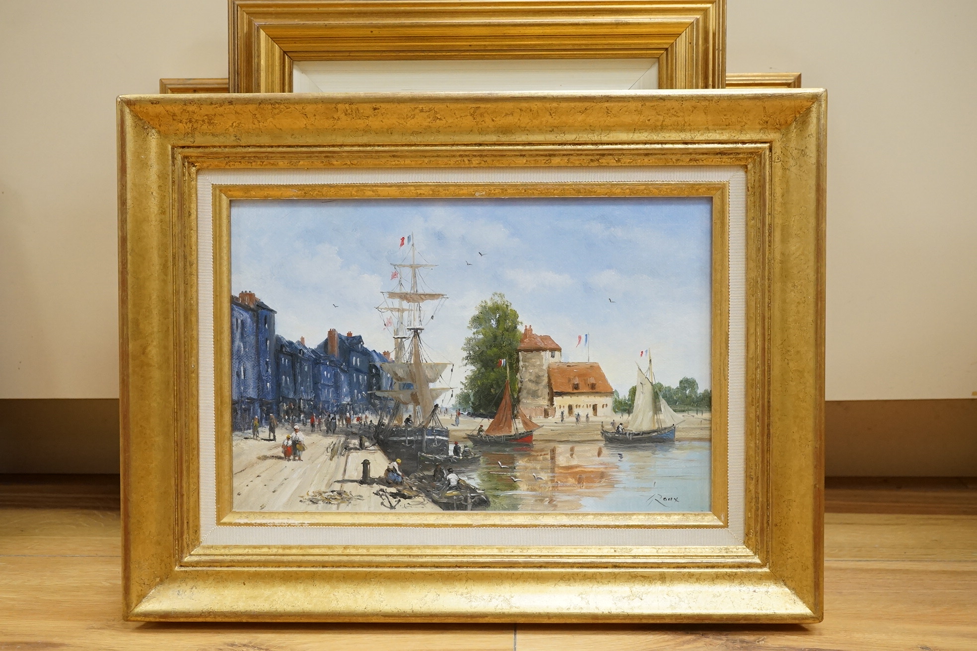 Guido Borelli (Italian, b.1952), set of five oils on board to include ‘Scena Di Villaggio’ and ‘Scorcio Venegiauo’, each signed, some with details verso, largest 17 x 29cm. Condition - fair to good